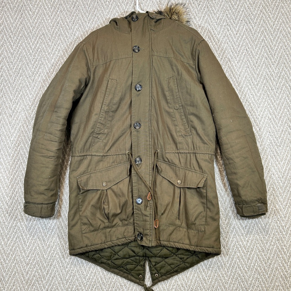 Aeropostale Jacket Mens Medium Green Faux Fur Trim Hooded Parka Military Quilted